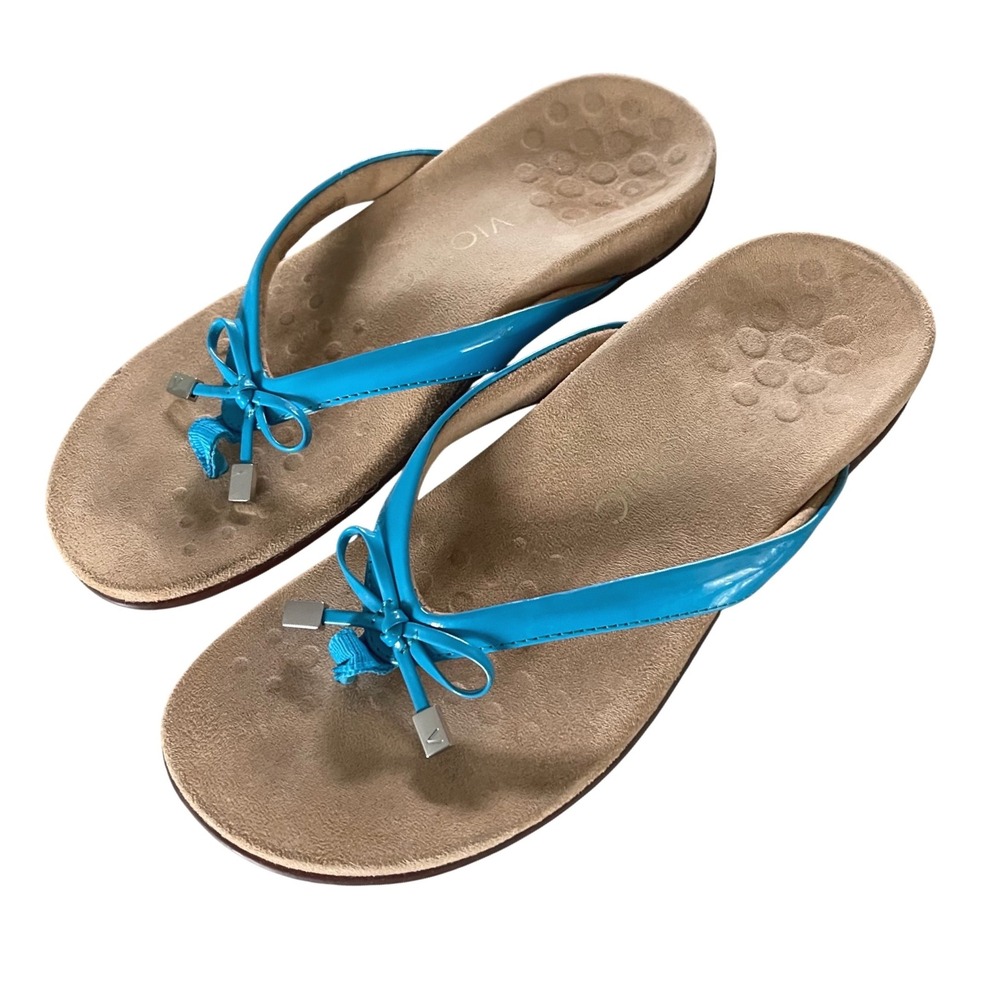 Vionic Bella II Sandal Womens 7 Turquoise Blue Coastal Preppy Bow Orthotic Thong